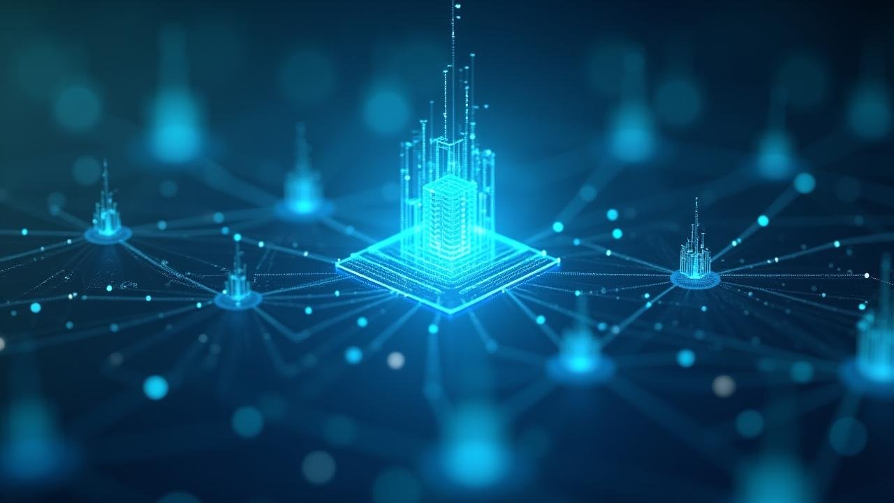 Abstract representation of interconnected financial services and blockchain technology