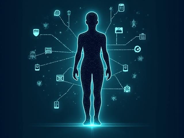 A graphic illustration of a person's silhouette connected by lines to various digital icons, representing digital identity and credentials.