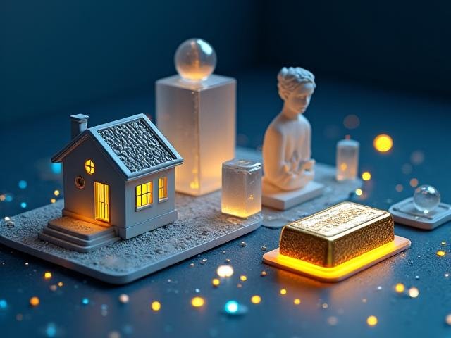 An abstract graphic blending physical objects like a house and a car with blockchain elements, symbolizing tokenized Real World Assets.